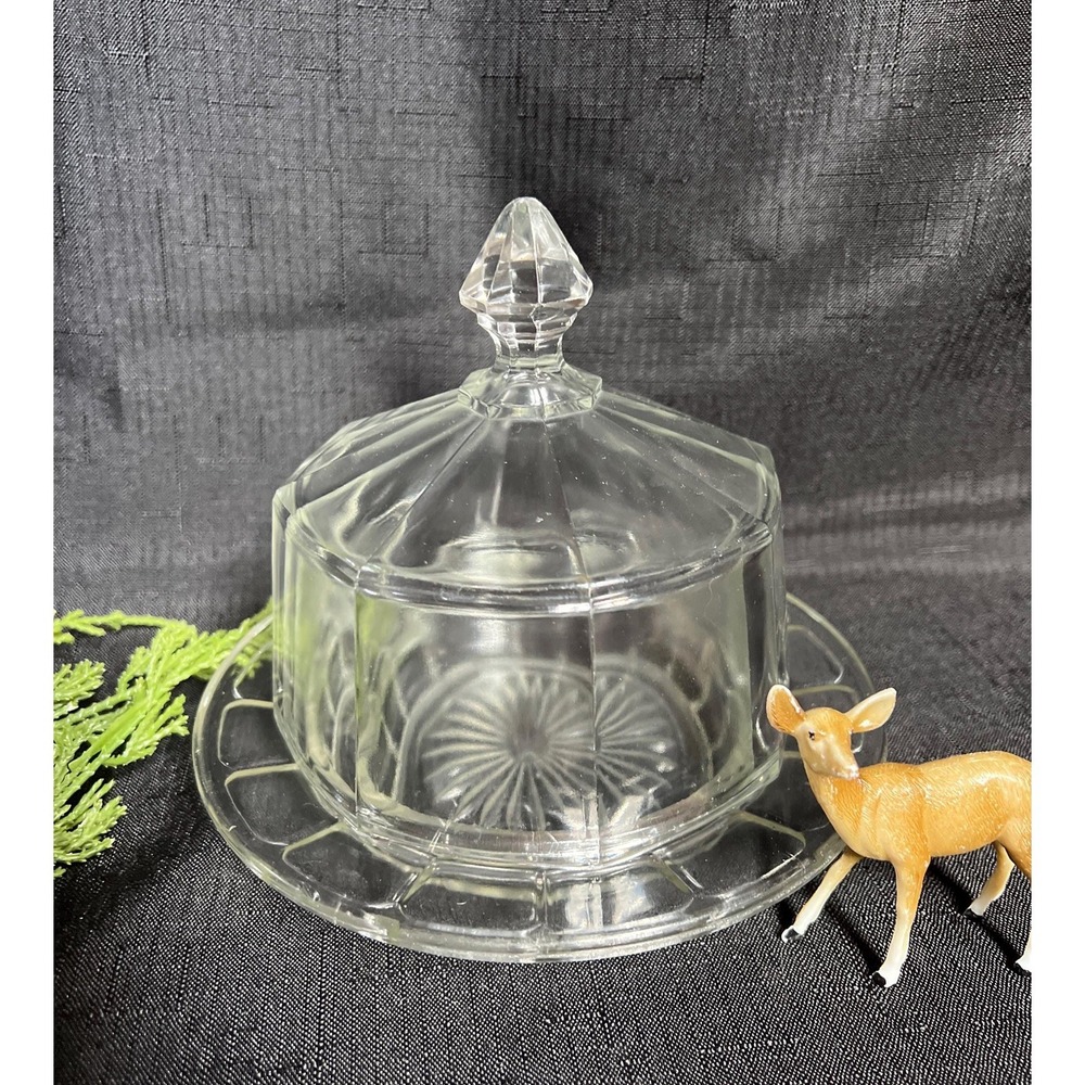 Vintage Hazel Atlas Glass Butter Dish: 8 Paneled Cloche, Starburst Plate